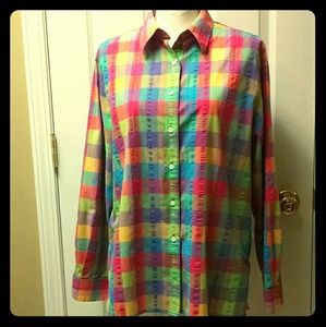 Foxcroft 16 pastel plaid button down top blue pink